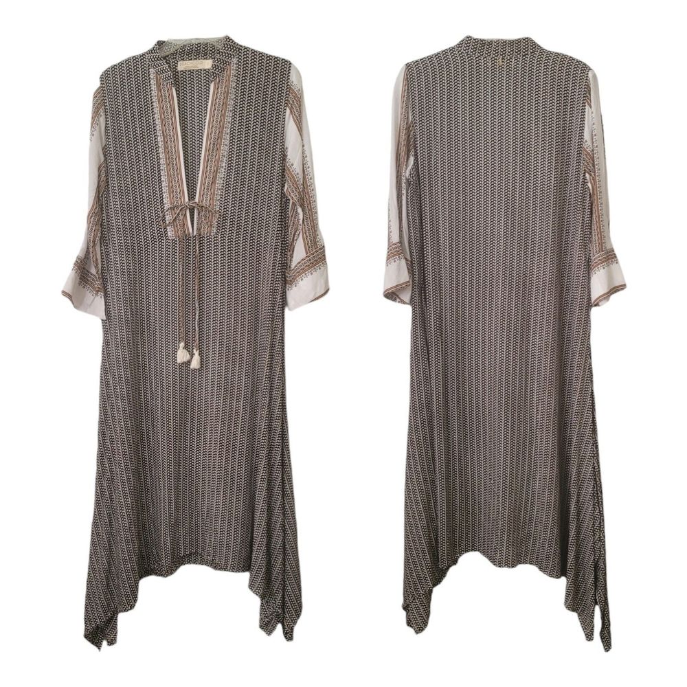 BeachGold Coverup Dress Navy Striped Tie Womens Sz S Boho Relaxed Modest Woman